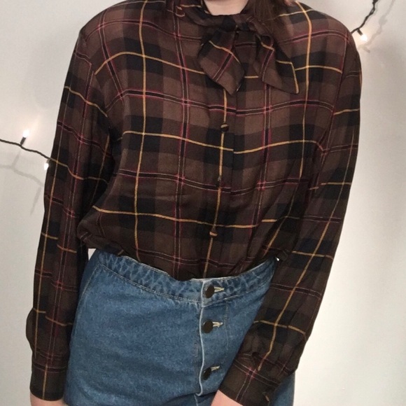 Valerie Stevens Vintage Plaid 80s Necktie Blouse - Picture 1 of 4